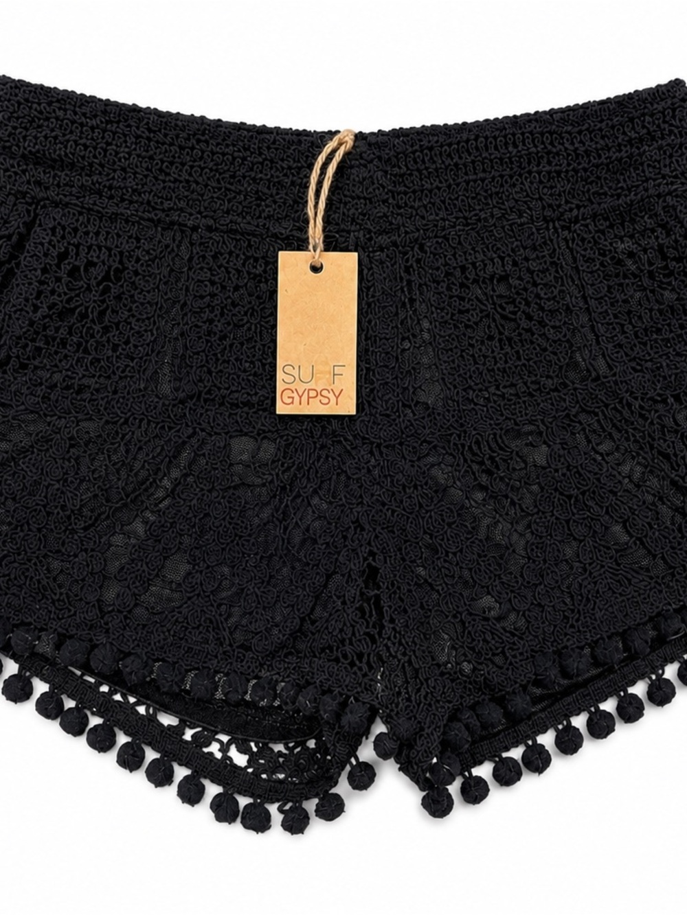 Surf Gypsy Black Crochet Pom Pom Shorts NWT Size Medium Boho Beach Cover Up